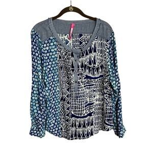 Plenty by Tracy Reese Anthropologie Boho Mixed Print Top Blue Women Size Medium